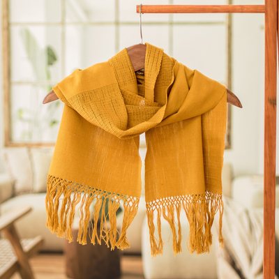 Bufanda de algodón - Bufanda tradicional de algodón amarillo con flecos tejida a mano