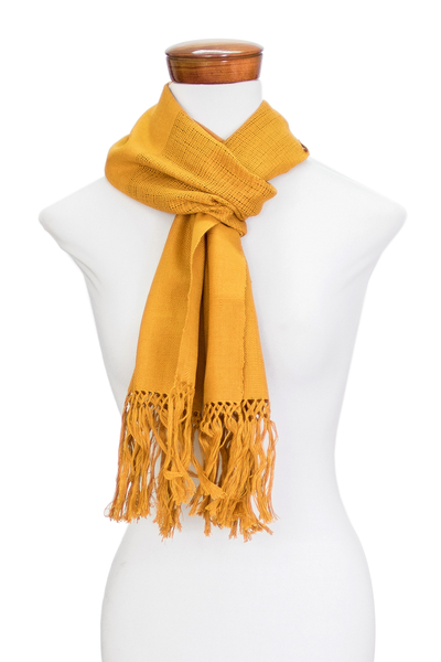Cotton scarf, 'Maya Gold' - Traditional Handloomed Yellow Cotton Scarf with Fringes