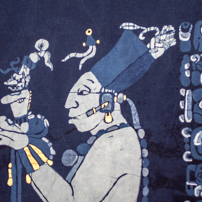 Colgante de pared de algodón batik - Batik de algodón azul y blanco para colgar en la pared del Sacerdote del Sol Maya