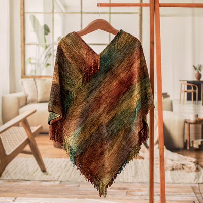 Cotton blend poncho, 'Forest Heart' - Handwoven Cotton Blend Fringed Poncho in Warm Hues