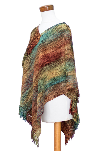 Cotton blend poncho, 'Forest Heart' - Handwoven Cotton Blend Fringed Poncho in Warm Hues
