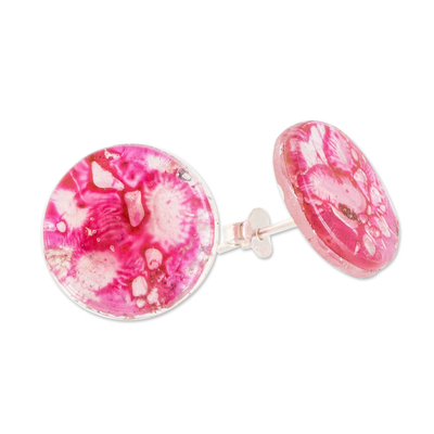 Recycled CD stud earrings, 'Pink Translucent Illusion' - Handmade Eco-Friendly Round Pink Recycled CD Stud Earrings