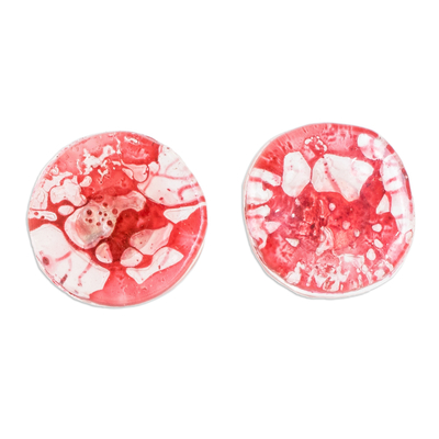 Recycled CD stud earrings, 'Red Translucent Illusion' - Handmade Eco-Friendly Round Red Recycled CD Stud Earrings