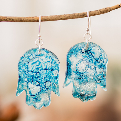 Recycled CD dangle earrings, 'Freedom & Blue' - Hand-Shaped Blue Recycled CD Dangle Earrings