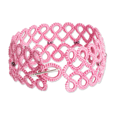 Glass beaded wristband bracelet, 'Gleams of Sweetness' - Handwoven Pink Wristband Bracelet with Glass Beads