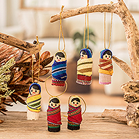 Wood ornaments, 'Happy Gathering' (set of 6) - Handcrafted Worry Doll Wood and Cotton Ornaments (Set of 6)
