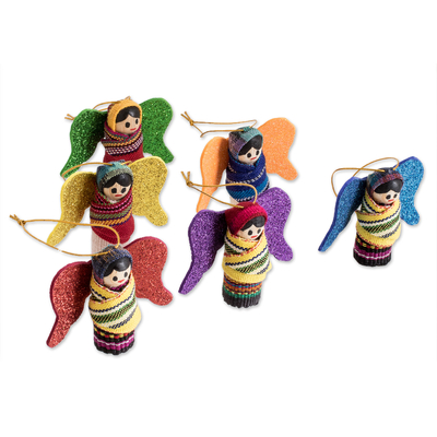Wood ornaments, 'Happy Heaven' (set of 6) - Handmade Angel-Themed Wood and Cotton Ornaments (Set of 6)