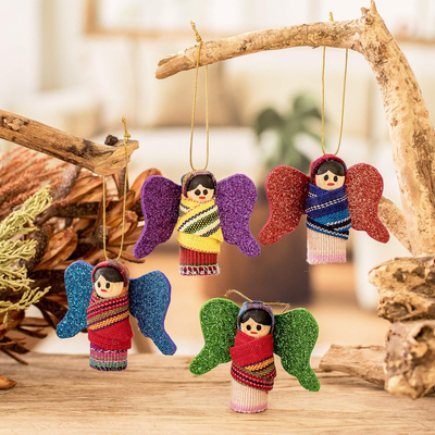 Wood ornaments, 'Happy Glory' (set of 4) - Handmade Angel-Themed Wood and Cotton Ornaments (Set of 4)