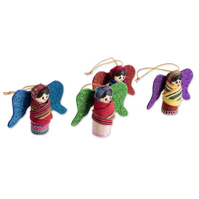 Wood ornaments, 'Happy Glory' (set of 4) - Handmade Angel-Themed Wood and Cotton Ornaments (Set of 4)