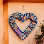 Cotton wreath, 'Guatemala's Love' - Classic Worry Doll-Themed Heart-Shaped Blue Cotton Wreath