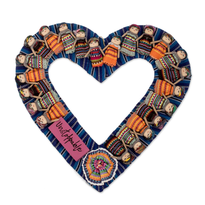 Cotton wreath, 'Guatemala's Love' - Classic Worry Doll-Themed Heart-Shaped Blue Cotton Wreath