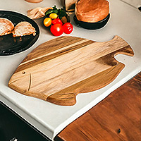 Wood cheese board, 'Oceanic Ambrosia' - Hand-Carved Fish-Shaped Teak Wood Cheese Board