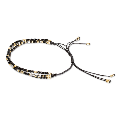 Armband aus Glasperlen - Verstellbares schwarzes und goldenes Armband mit Morsecode-Nachricht
