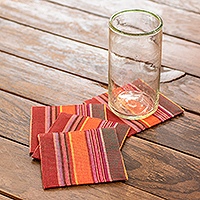 Cotton coasters, 'Luxurious Lunch' (set of 4) - Handwoven Warm-Toned Striped Cotton Coasters (Set of 4)