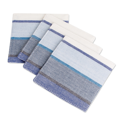 Untersetzer aus Baumwolle, (4er-Set) - Set aus 4 handgewebten Untersetzern aus blau-schwarz-weiß gestreifter Baumwolle