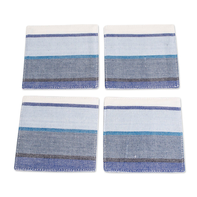 Untersetzer aus Baumwolle, (4er-Set) - Set aus 4 handgewebten Untersetzern aus blau-schwarz-weiß gestreifter Baumwolle