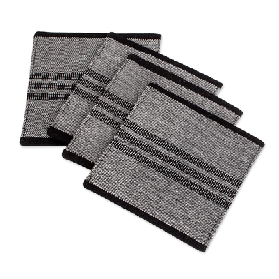 Posavasos de algodón (juego de 4) - Juego de 4 posavasos de algodón blanco, negro y gris a rayas tejidos a mano