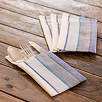 Cotton cutlery holders, 'Sumptuous Entertaining' (set of 4) - 4 Handwoven Striped Blue and White Cotton Cutlery Holders