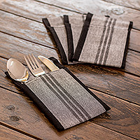 Cotton cutlery holders, 'Luxurious Entertaining' (set of 4) - Set of 4 Handwoven Striped Black Grey Cotton Cutlery Holders