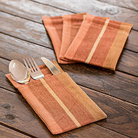 Cotton cutlery holders, 'Charming Entertaining' (set of 4) - 4 Handwoven Striped Brown and Beige Cotton Cutlery Holders