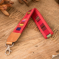 Leather-accented cotton keychain, 'Colorful Spirit' - Handwoven Red Cotton Strap Keychain with Leather Accent
