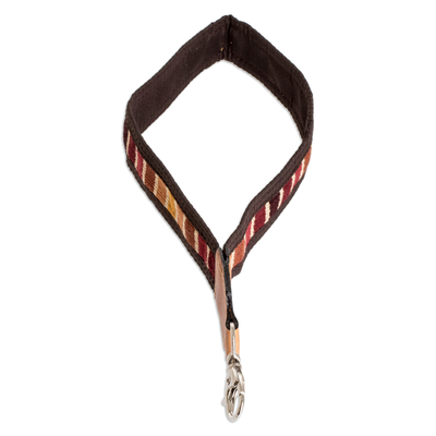 Leather-accented cotton lanyard, 'Tropical Autumn' - Leather-Accented Handwoven Cotton Lanyard in Red and Orange