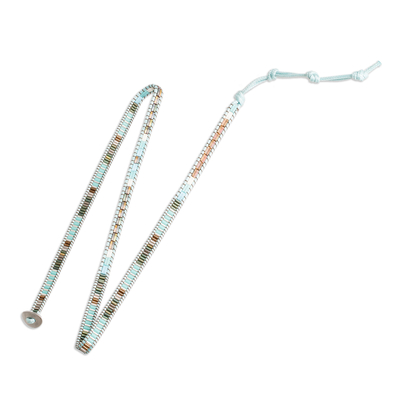 Glass beaded wrap bracelet, 'San Cristobal in Heaven' - Handcrafted Sky Blue and Brown Glass Beaded Wrap Bracelet