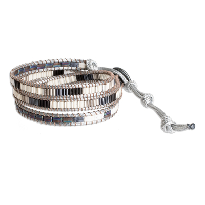 Glass beaded wrap bracelet, 'Classic San Cristobal' - Handcrafted Grey and Black Glass Beaded Wrap Bracelet