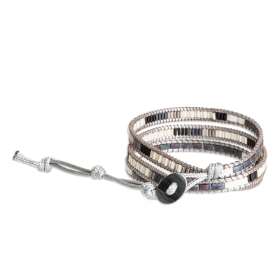 Glass beaded wrap bracelet, 'Classic San Cristobal' - Handcrafted Grey and Black Glass Beaded Wrap Bracelet