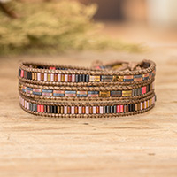 Glass beaded wrap bracelet, 'Earthy Chic' - Glass Beaded Wrap Bracelet with Tibetan-Style Pewter Button