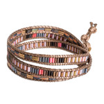 Glass beaded wrap bracelet, 'Laguna' - Glass Beaded Wrap Bracelet with Tibetan-Style Pewter Button