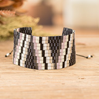 Glass beaded wristband bracelet, 'Chic Pyramid in Black' - Mosaic Glass Beaded Wristband Bracelet in Black White Purple