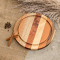 Wood cutting board, 'Cycle of Delicacies' - Striped Round Bay Laurel, Cedar and Pinewood Cutting Board