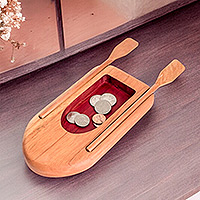 Caja de madera, 'Boat to Romantic Waters' - Caja de madera de cedro tallada a mano en forma de barco en rojo