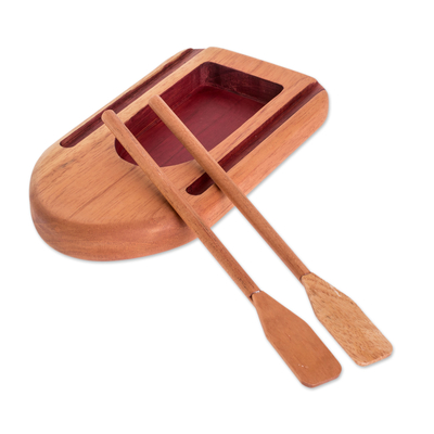 Wood catchall, 'Boat to Romantic Waters' - Hand-Carved Boat-Shaped Cedarwood Catchall in Red