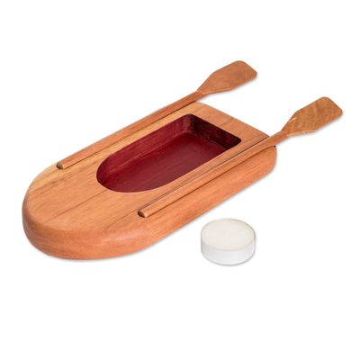 Wood catchall, 'Boat to Romantic Waters' - Hand-Carved Boat-Shaped Cedarwood Catchall in Red