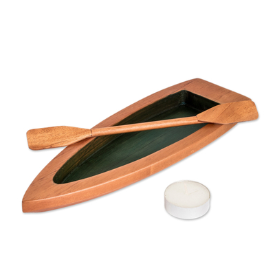 Wood catchall, 'Adventure in the Green River' - Hand-Carved Green Cedarwood Boat Catchall from Costa Rica