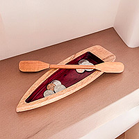 Caja de madera, 'These Lovely Rivers' - Caja de madera de cedro en forma de canoa tallada a mano en rojo