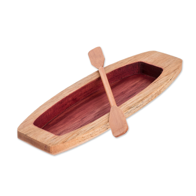 Todo de madera - Catchall de barco de madera de cedro marrón y rojo hecho a mano con remo