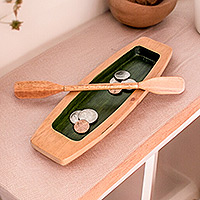 Wood catchall, 'Harmonious Journey' - Hand-Carved Painted Green Cedarwood Boat Catchall
