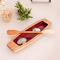 Wood catchall, 'Passionate Journey' - Hand-Carved Painted Red Cedarwood Boat Catchall