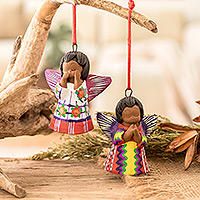 Ceramic ornaments, 'Angels of Peace' (pair) - 2 Ornaments of Angels Wearing Traditional Guatemalan Attire