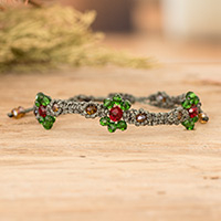 Crystal beaded macrame bracelet, 'My Garden of Vitality' - Floral Adjustable Green Crystal Beaded Macrame Bracelet