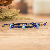 Crystal beaded macrame bracelet, 'My Garden of Serenity' - Floral Woven Adjustable Blue Crystal Beaded Macrame Bracelet