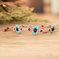 Crystal beaded macrame bracelet, 'My Garden of Peace' - Floral Adjustable Beige Crystal Beaded Macrame Bracelet