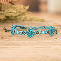 Crystal beaded macrame bracelet, 'My Garden of Calm' - Floral Woven Adjustable Aqua Crystal Beaded Macrame Bracelet