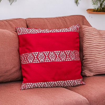 Cotton cushion cover, 'Mountains and Valleys in Poppy' - Handwoven Embroidered Poppy and White Cotton Cushion Cover