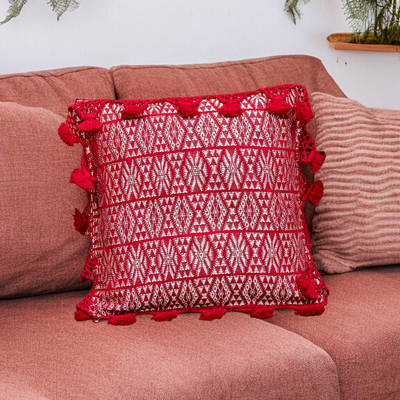 Cotton cushion cover, 'Traditional Motifs in Red' - Handwoven Geometric Cotton Cushion Cover in Red and White
