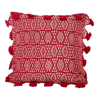 Cotton cushion cover, 'Traditional Motifs in Red' - Handwoven Geometric Cotton Cushion Cover in Red and White