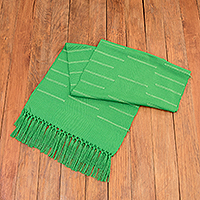 Cotton table runner, 'Forest Victory' - Handwoven Green Cotton Table Runner with Stripes & Fringes